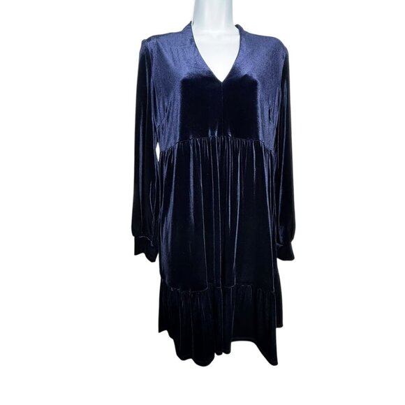 Taylor Navy Blue Velvet Long Sleeve tiered Shift Dress size 10P 10 Petite - Picture 6 of 6